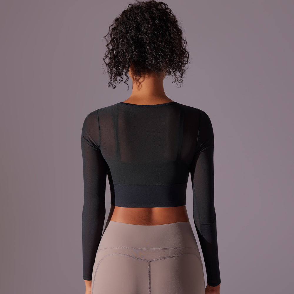 mesh translucent sexy double patchwork tight long sleeves tight elastic yoga wear sports fitness tops for women