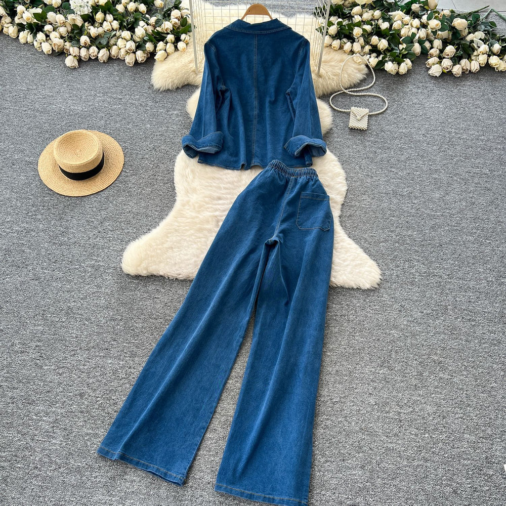 Light mature style classyretro lapel long sleeves denimtops women's  autumn wear high waistcasualloose pantsstraight-leg pants