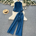 Light mature style classyretro lapel long sleeves denimtops women's  autumn wear high waistcasualloose pantsstraight-leg pants