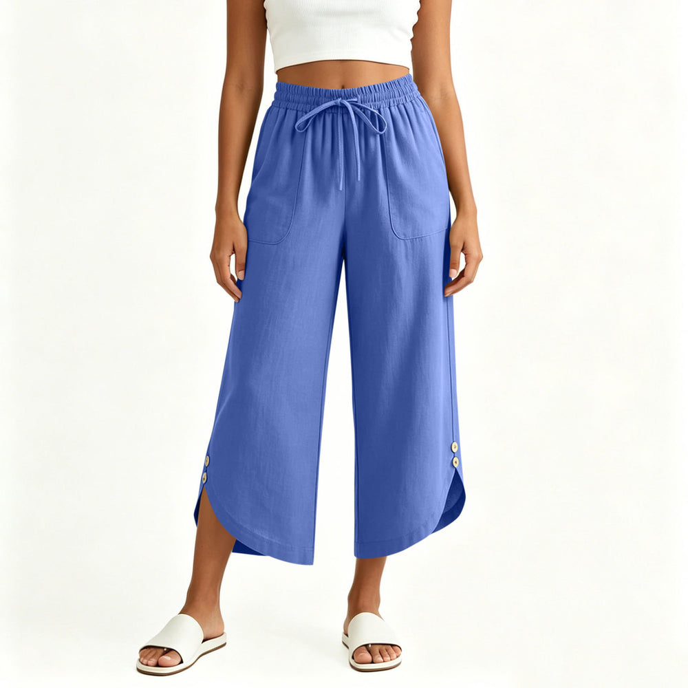 cross-border  women's summer lightweight solid color elastic waist drawstring pocket side button casual capri pants