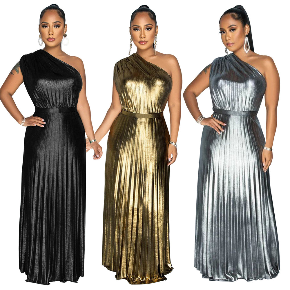C7506 cross-border   fashion women's elegant gold foil one-shoulder sleeveless solid color dress