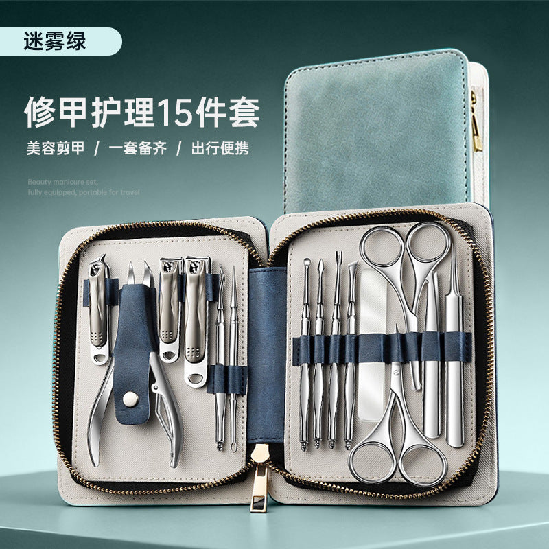 Stainless steel zipper pouch nail clipper set - 15 piece manicure & pedicure kit with nail clippers, cuticle nippers, and eyebrow scissors