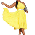 D404 with belt independent station export women's clothing new arrivalfashionelegant slanted shoulder pure color pleated large skirt european and american dress
