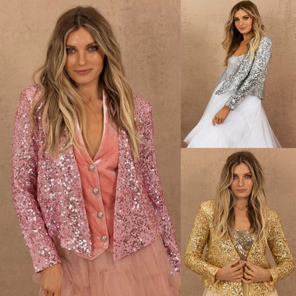 fashion women's color block sequin cropped casual jacket for spring - suitable for , , and  (us & european cross-border e-commerce)