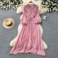 Retroelegance style lantern sleeve v necklacepatchworkdress female k-style waist slimming lookelegant long skirt