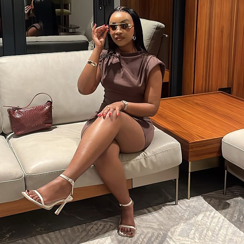 European and American  women's clothing 2025 summer new fashion temperament semi-turtleneck brown slim-fitting short dress