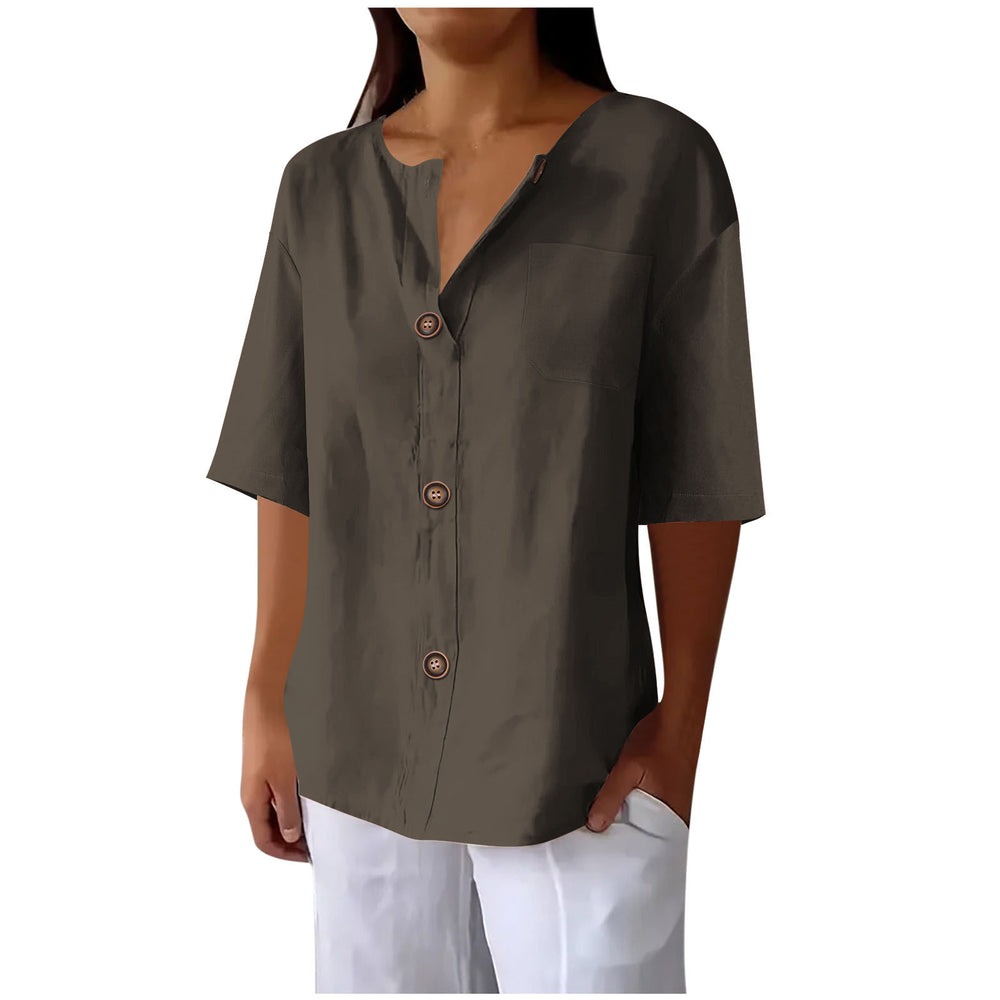 cross-border fashion summer new loose t-shirt women's v neck cotton and linen button tops