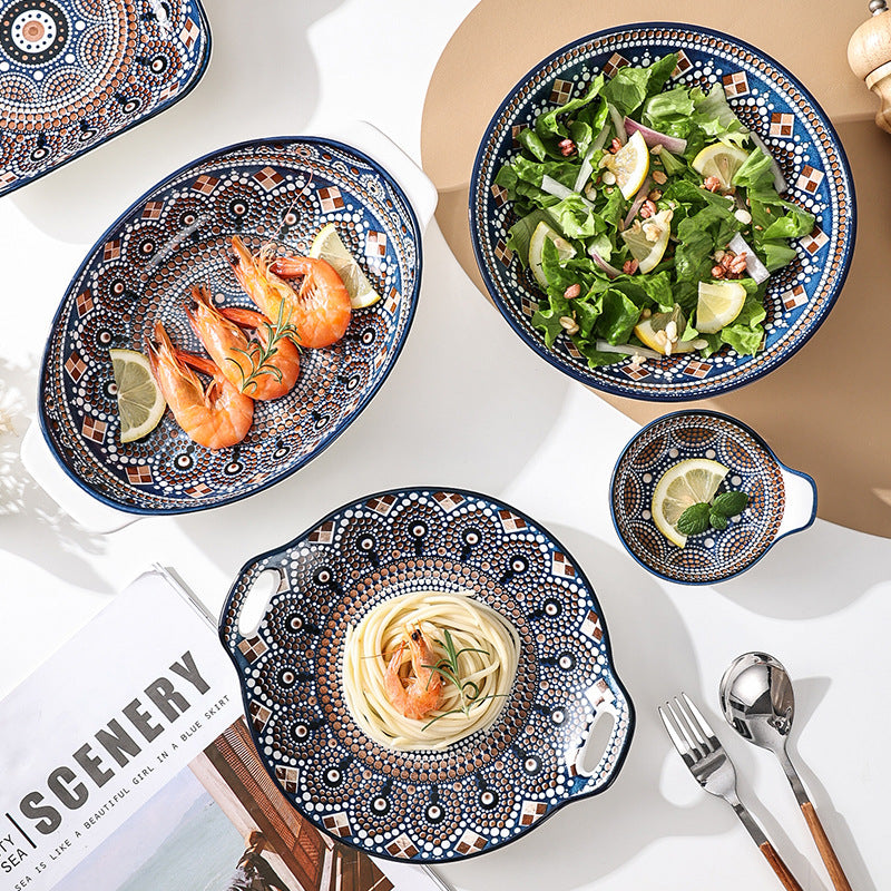 Creative bohemian style bowl and plate set - underglaze color home ceramic tableware - exotic double-handled plate