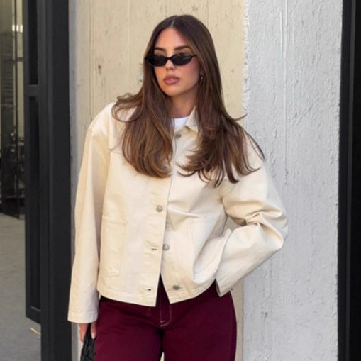 European and American retro apricot twill denim jacket women's 2025 winter  casual loose lapel jacket women's clothing
