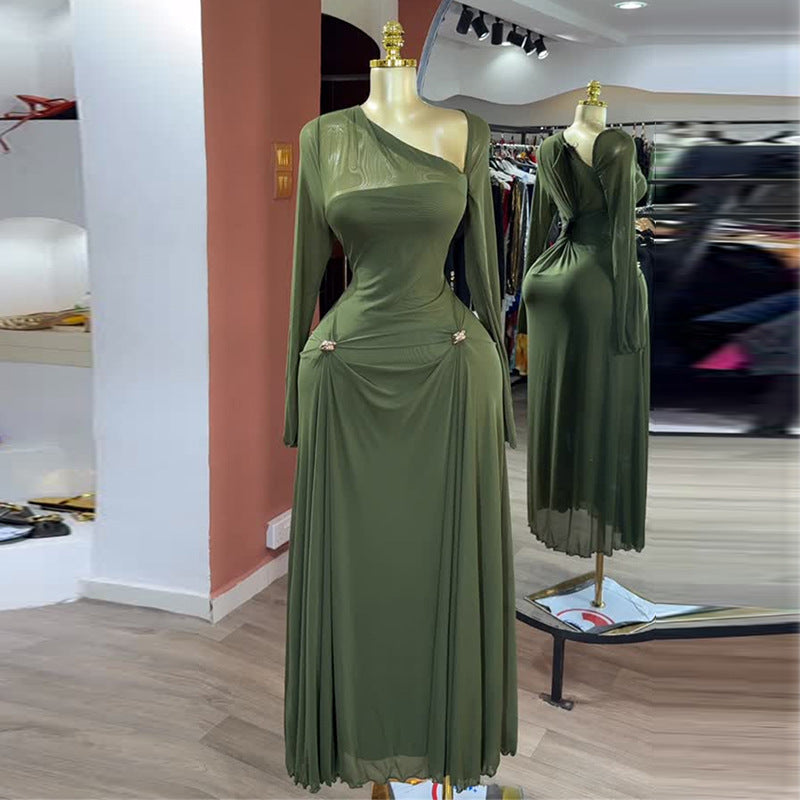 European and american women's clothing  autumn new sweet and fresh asymmetrical neck long sleeve high waist slimming a-line maxi dress