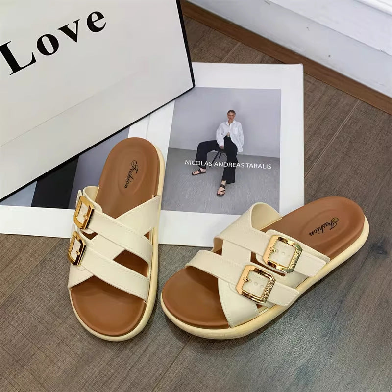 New summer women's platform flip-flops: stylish, versatile, casual beach sandals with double buckle – 2026 collection