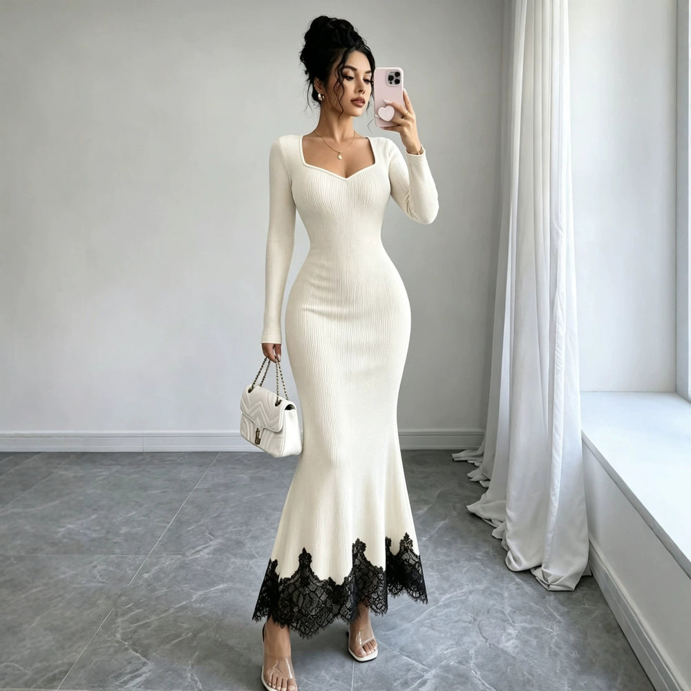 cross-border fashionexportfrenchelegancesexy square neck long sleeveslacepatchwork mermaid dress long skirt