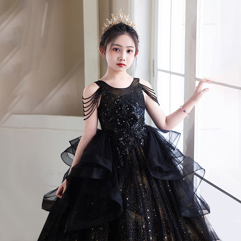 Black high-end children's evening gown, girls' princess dress, fluffy tulle, stylish hostess outfit, student violin performance costume