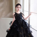 Black high-end children's evening gown, girls' princess dress, fluffy tulle, stylish hostess outfit, student violin performance costume