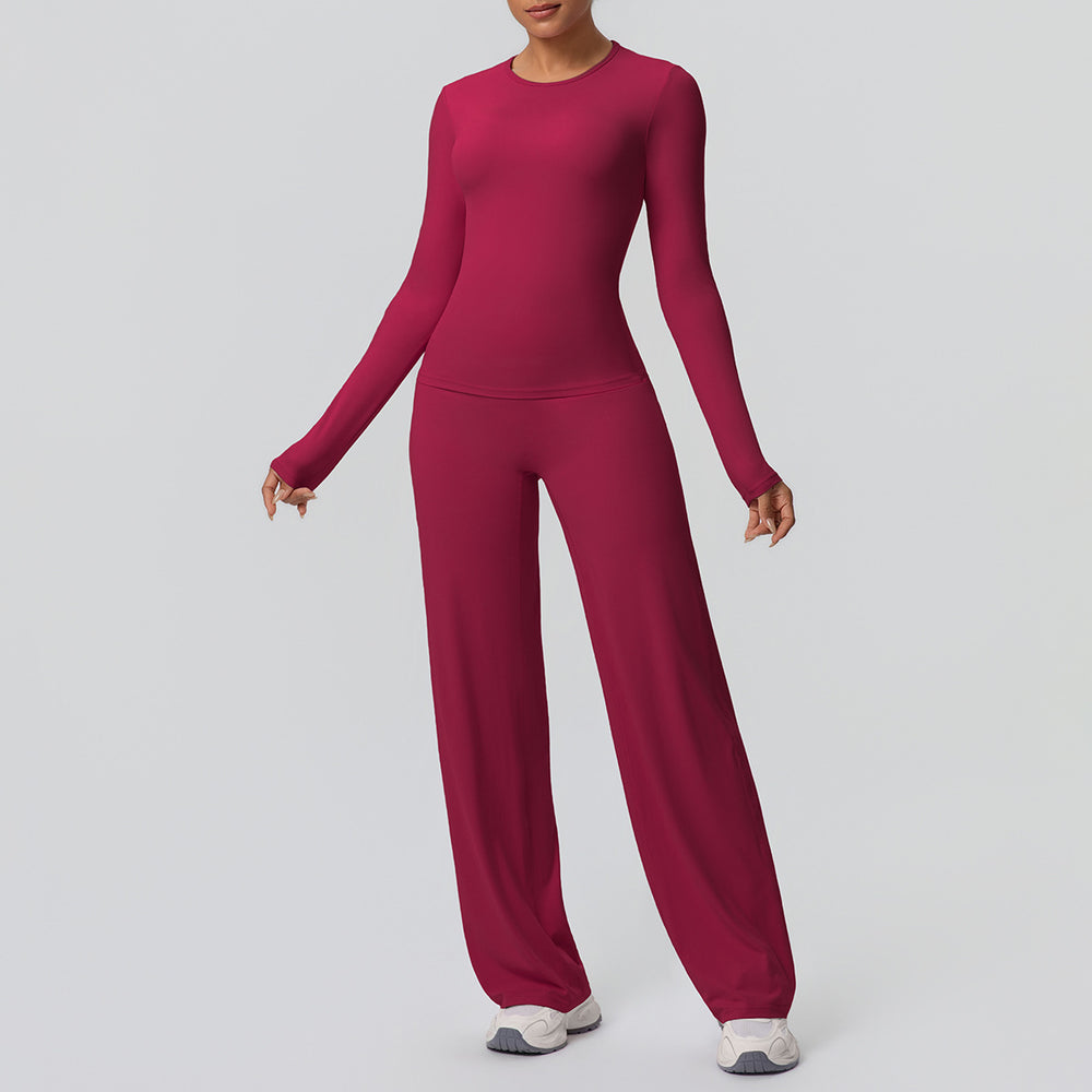 double-sided brushed pure color tight training long sleeves wide-leg yoga suit sports running fitness two-piece set