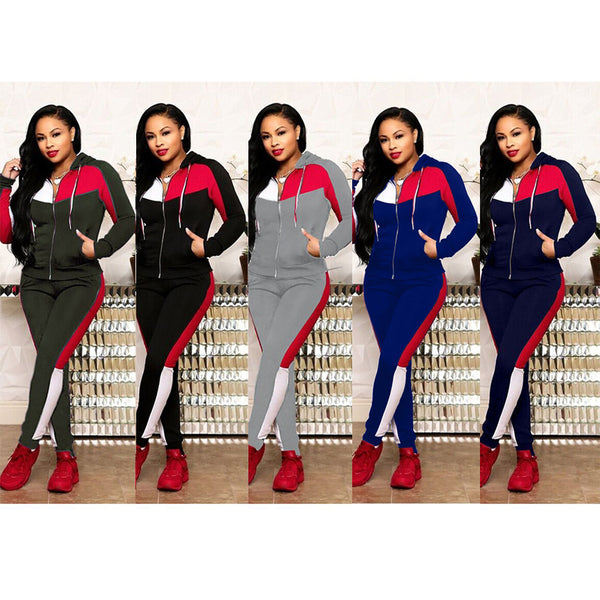 Y5075  Express Autumn and Winter European and American Women's Clothing Wholesale Fashion Splicing Hooded Casual Sports Two-piece Set