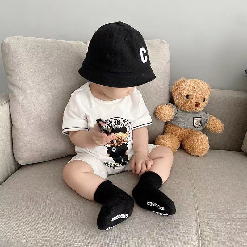 Newborn infant summer lightweight short-sleeve romper - baby boy & girl crawling suit with pocket - bear design onesie