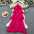 Vacation-style sleeveless romantic yellow cake dress - women's summer ruffle trim slimming fairy dress