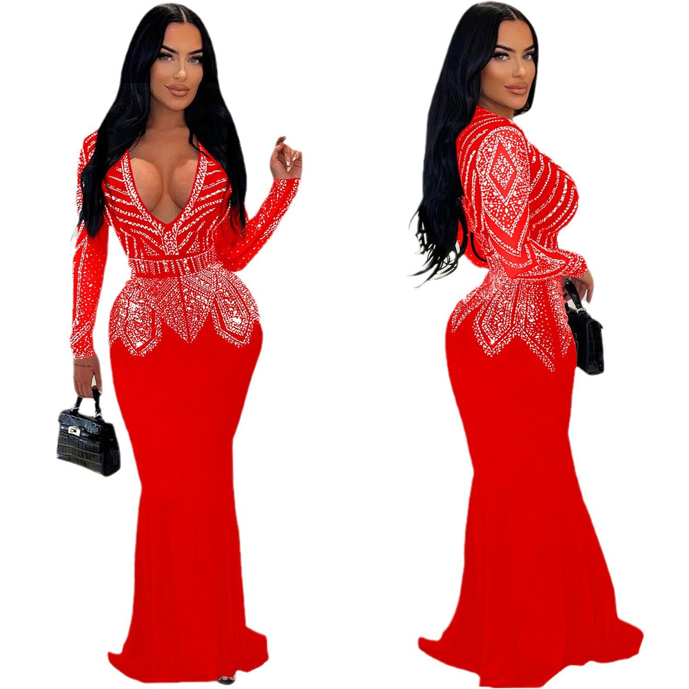 C7003 cross-border   independent station fashionfashion women's new hot diamond long skirt dress v neck