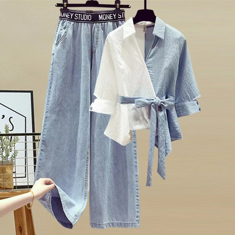 european and american women's spring outfit: two-piece set featuring a slim-fit denim and shirt-look top