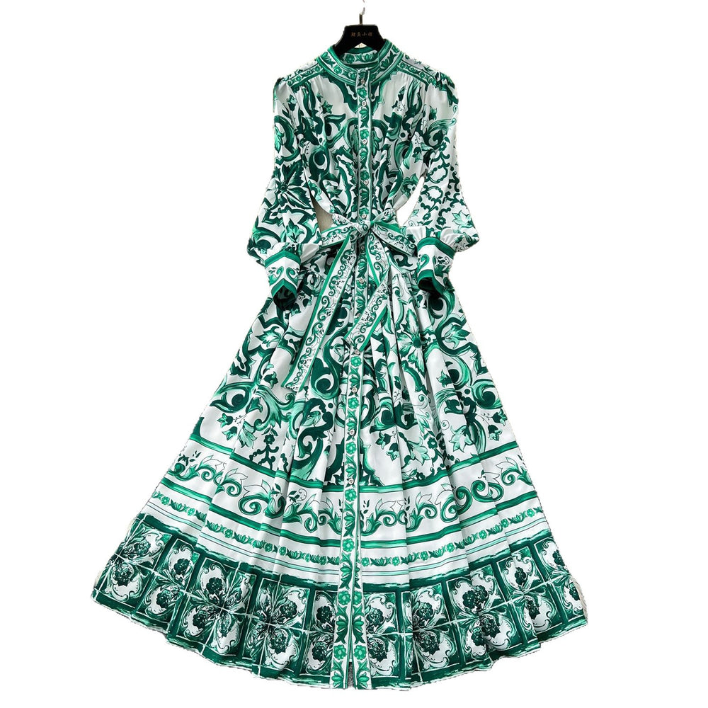 Retro palace style printingdress women's summer lantern sleeves stand collar single breasted strap waist beautiful royal sister long skirt