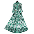 Retro palace style printingdress women's summer lantern sleeves stand collar single breasted strap waist beautiful royal sister long skirt