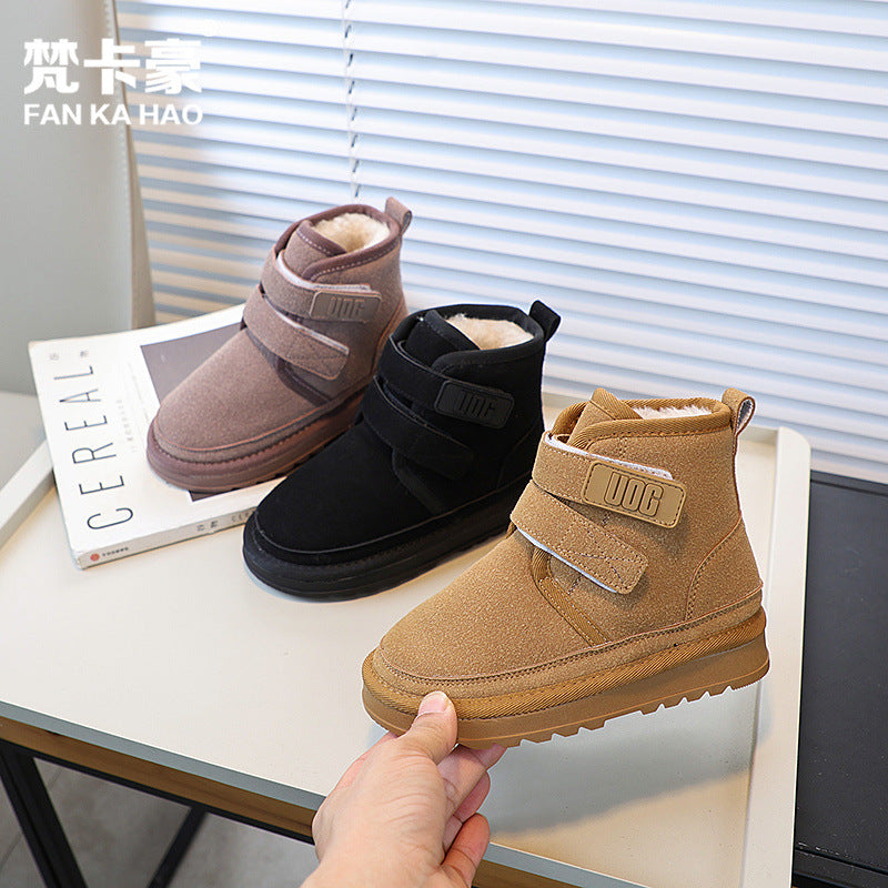 Vancahao kids' fleece-lined thickened snow boots,  winter new arrival, student cotton shoes, girls' double velcro ankle boots