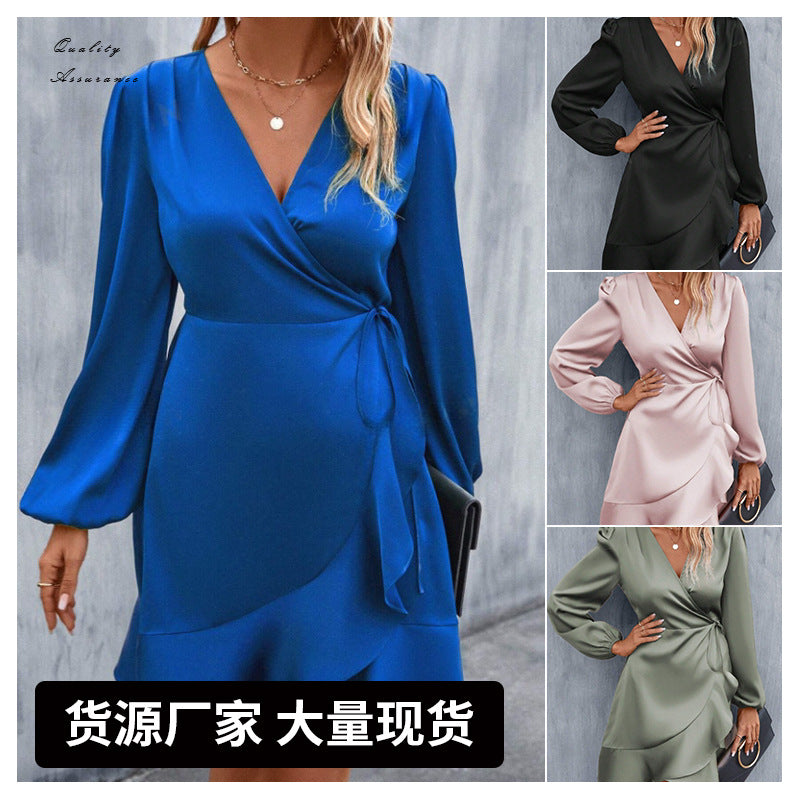 Summer v-neck satin dress - satin waist, low-cut, midi length - export  cross-border fashion women's clothing (european & american style)