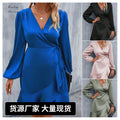 Summer v-neck satin dress - satin waist, low-cut, midi length - export  cross-border fashion women's clothing (european & american style)