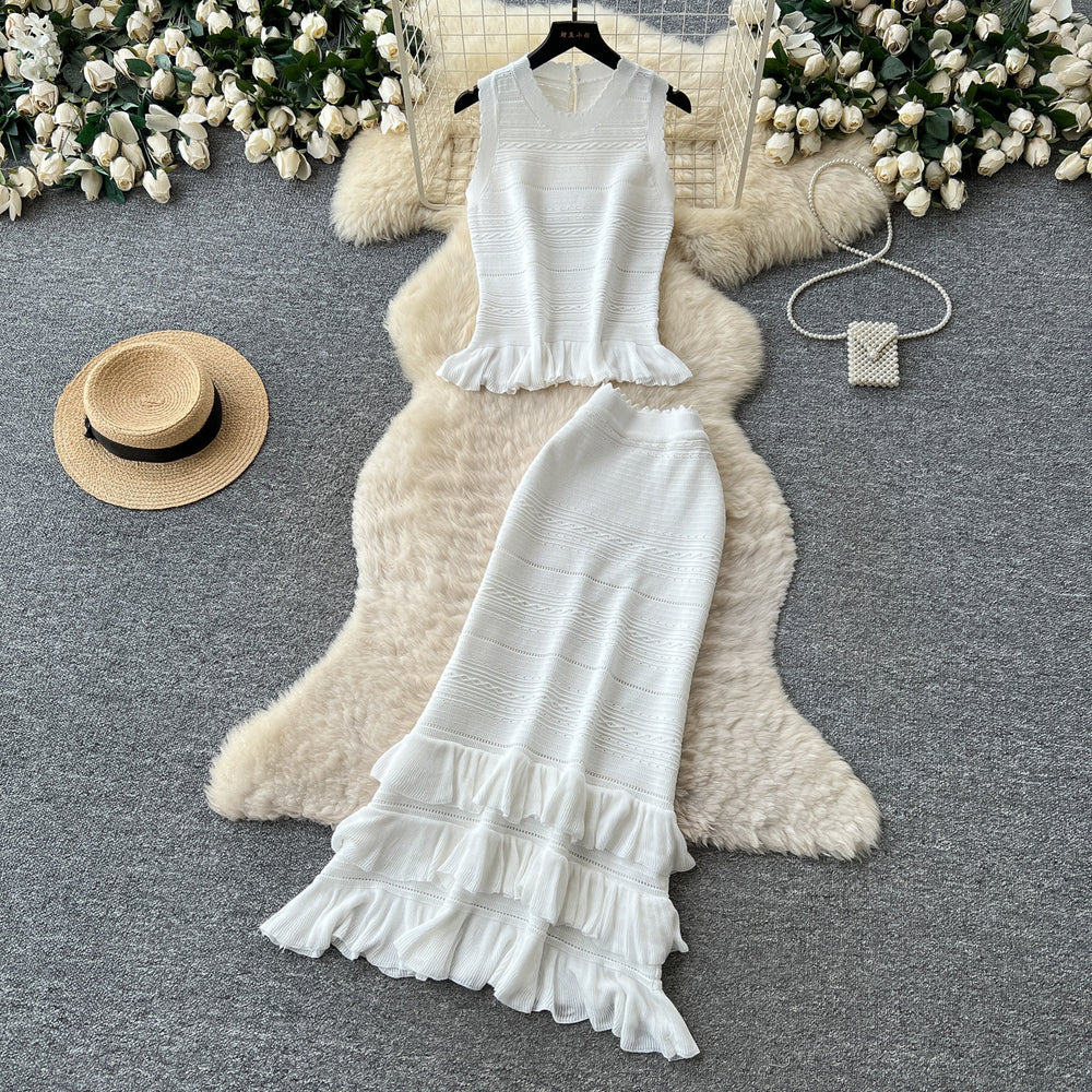 French chic knit tank top & pleated midi skirt set - women's summer slimming & elegant two-piece outfit - high-end style