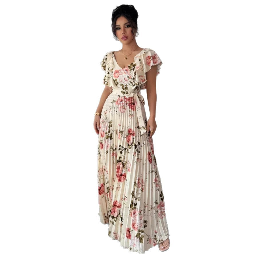 european and american cross-border e-commerce v-neck floral print elastic waist elegant commute a-line midi dress - women's