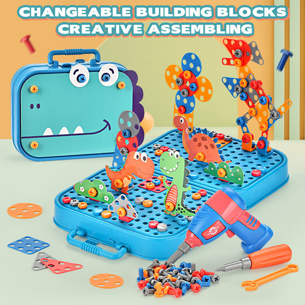 Cross-border export children's electric drill building block screws toolbox toys electric DIY dismantling dinosaur unicorn puzzle