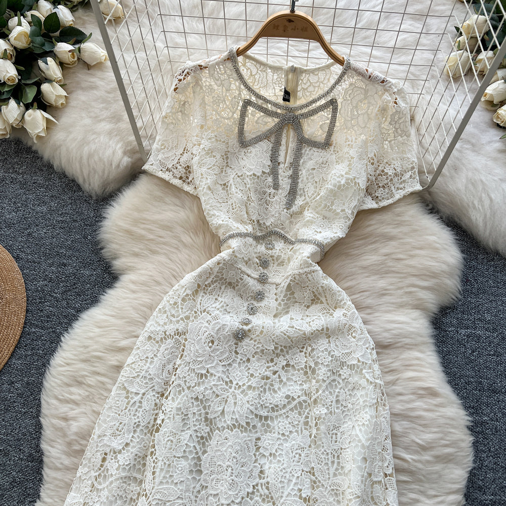 Elegant chanel-inspired, high-end, diamond-studded bow, short-sleeved, cinched-waist, openwork crochet lace dress, french-style maxi dress