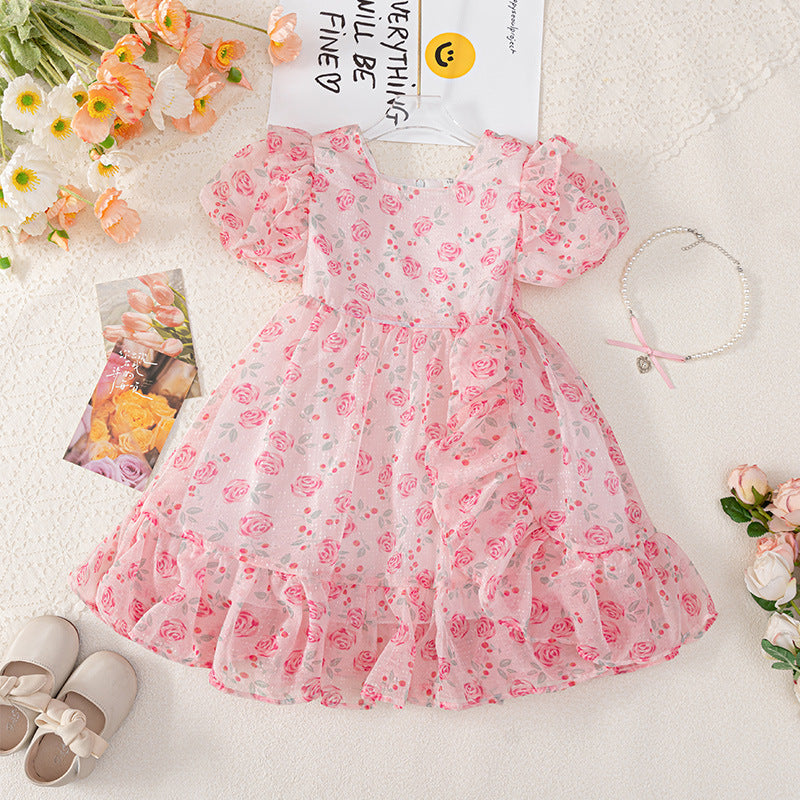 girl's pastoral style floral dress medium longprintingfashion style kids beach skirt fresh skirt