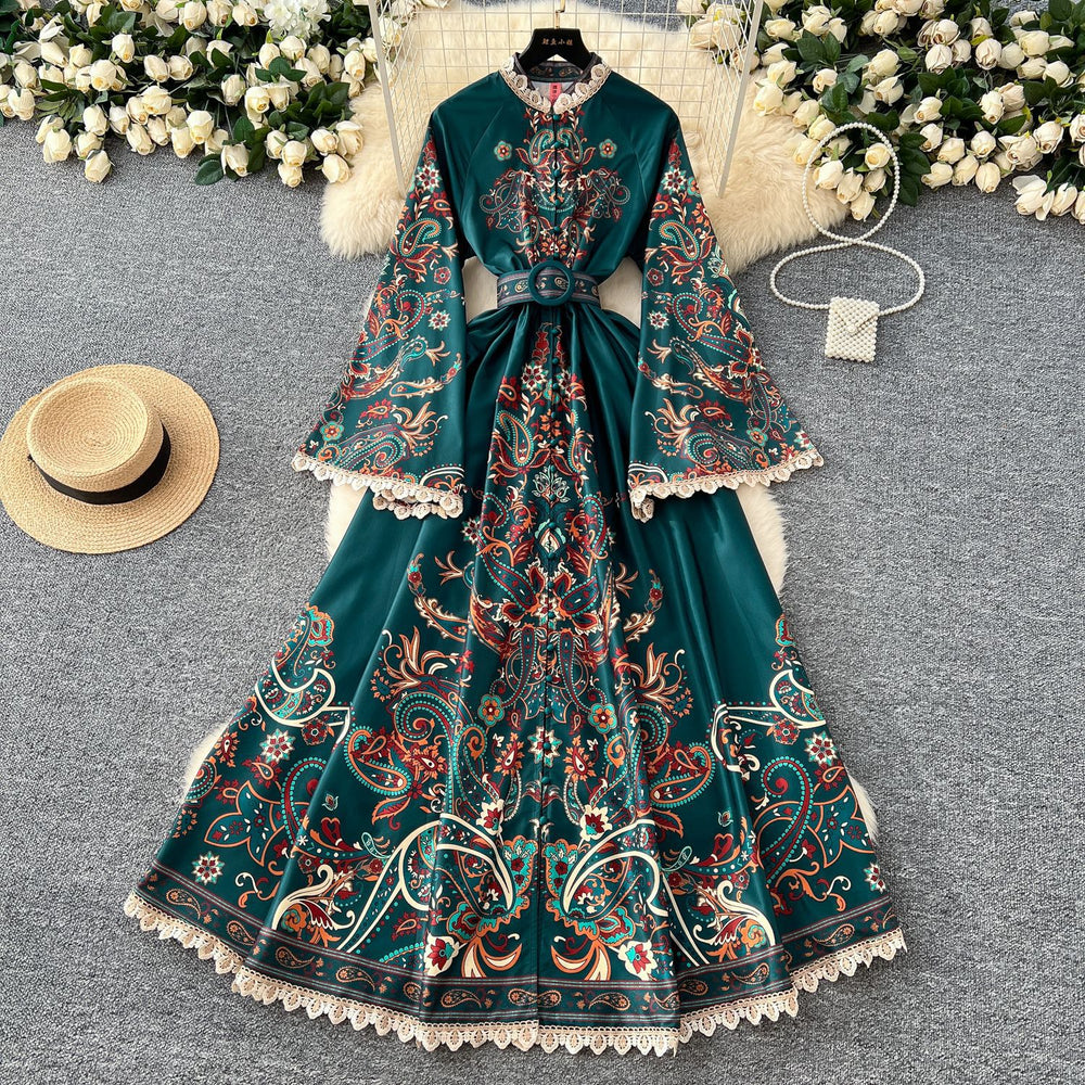 Palace style retro stand-up collar single-breasted bell sleeves long lacedress women's fashionfashionprinting long skirt