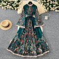 Palace style retro stand-up collar single-breasted bell sleeves long lacedress women's fashionfashionprinting long skirt