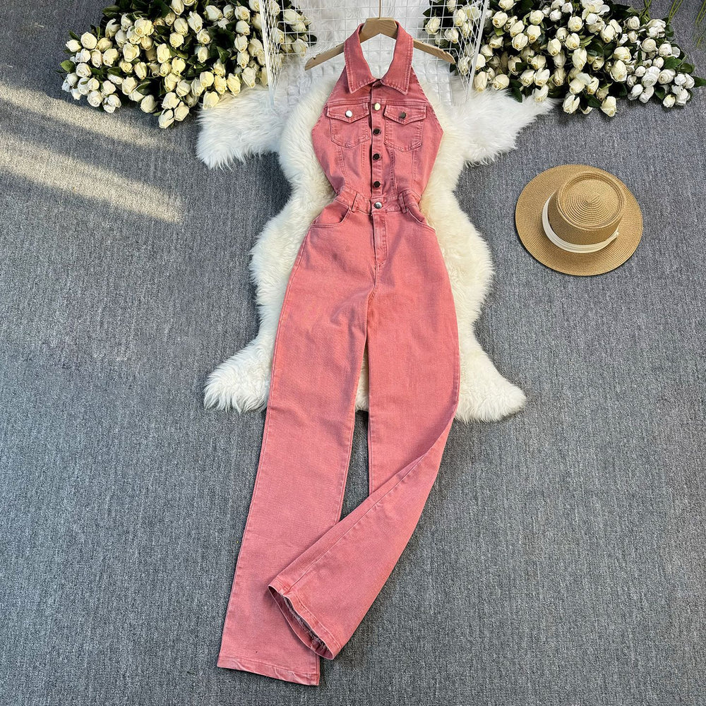 Summer denim jumpsuit for women, european and american style, elegant halter neck, sleeveless, open back, high waist, slimming and figure-flattering denim jumpsuit