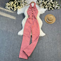 Summer denim jumpsuit for women, european and american style, elegant halter neck, sleeveless, open back, high waist, slimming and figure-flattering denim jumpsuit