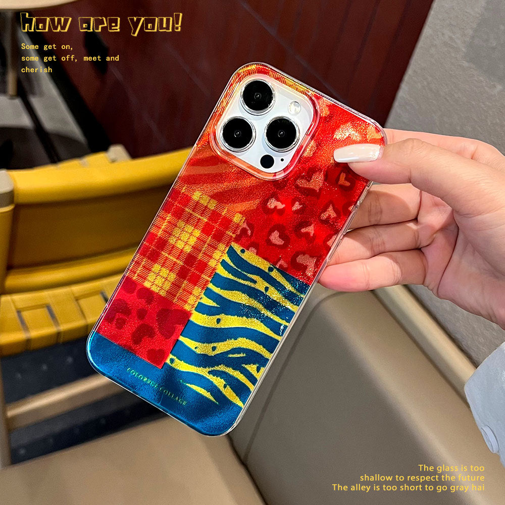 apple 17 pro phone case - gradient color tin foil shell with multi-element patchwork iphone 16 protective cover
