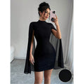 Women's black stand collar cape sleeve bodycon sheer mesh sleeve bodycon dress, women's fashion sexy apparel