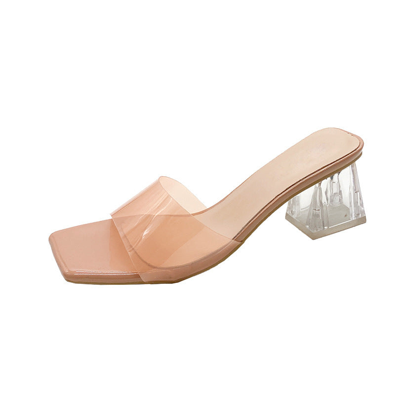 Transparent crystal slippers for women's outer wear 2024 summer new thick high-heeled square-toed open-toed slippers for women's summer outer wear