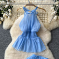 Vacation style suit women's summerfrench waist sleeveless haltertopshigh waistslimming look large swing skirt two-piece set