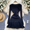 French chic knit dress - autumn/winter collection: bow accent, ruffle trim, unique design, elegant mini dress