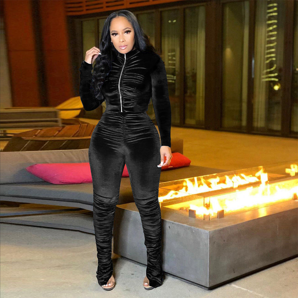 S390070  Independent Station Hot Sale Folded Two-piece Set, Women's Autumn and Winter Fashion Casual Suit