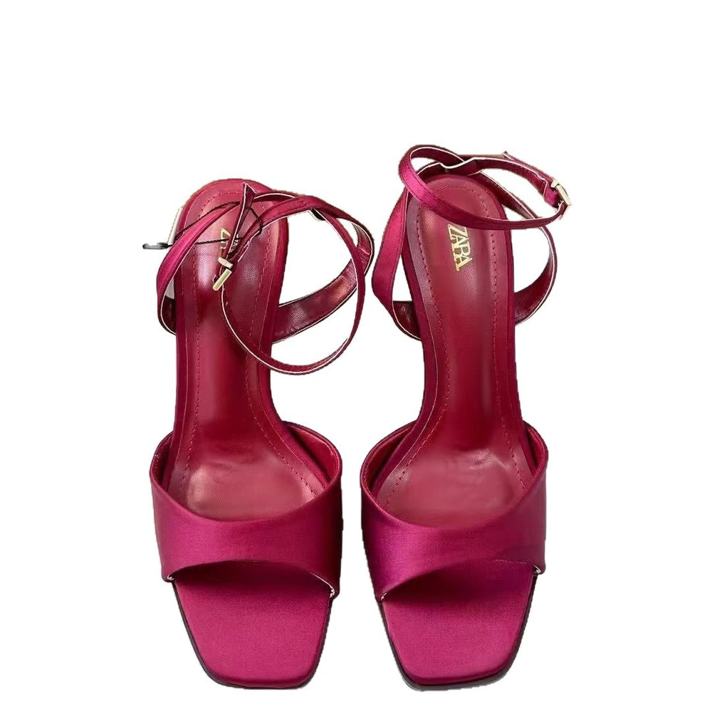 Za 2025new arrivalfashioneasiest for match square toe back hollow one strap high thin heel women's shoes tweed style women's shoes