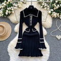 French dress women's fall and winter  new arrival tweed styleclassy fashion contrast color lapel waist knitting skirt