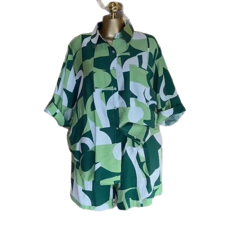 European and american cross-border women's fashion:  autumn new collection - trendy printed oversized shirt & high-waisted wide-leg shorts casual set