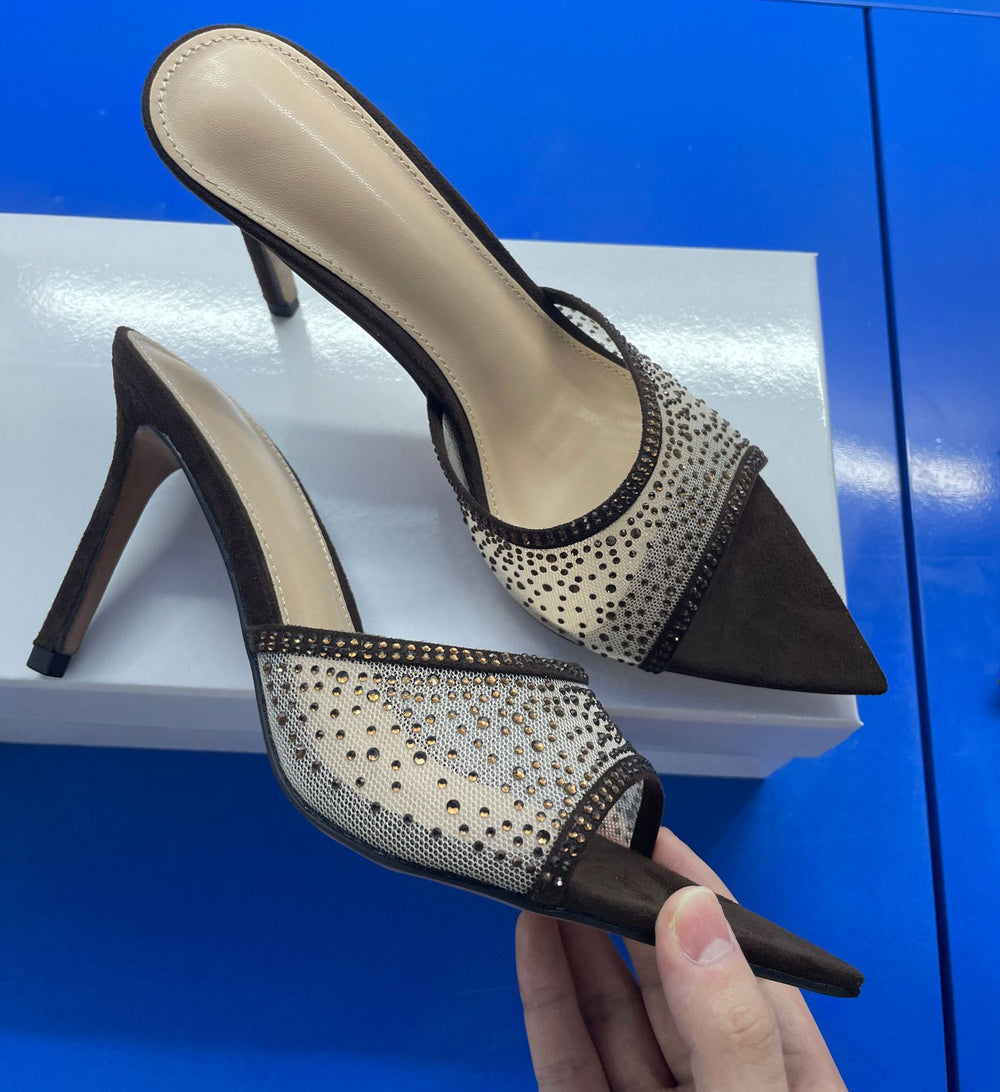 Rhinestone pointed-toe stiletto heel mules - women's sexy & fashionable outdoor sandals - european & american summer new arrivals - half slippers