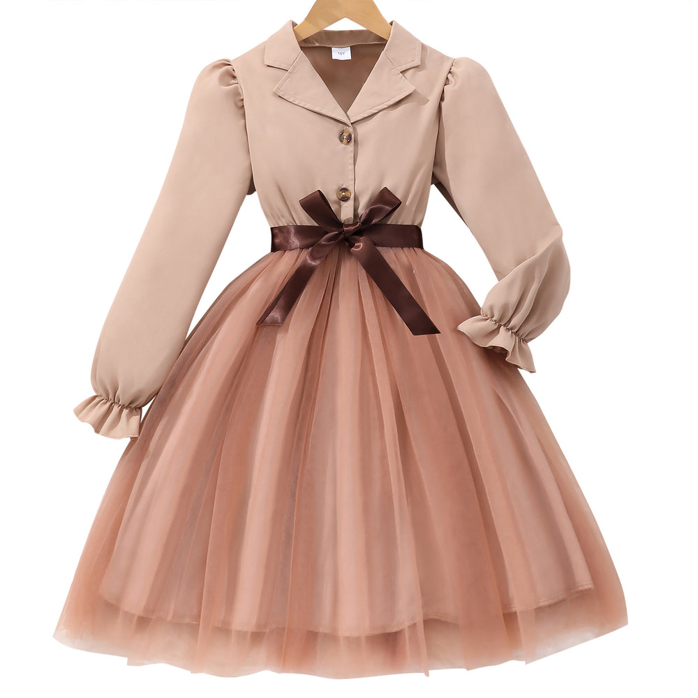 new girls' long-sleeve turn-down collar solid color mesh dress with woven belt