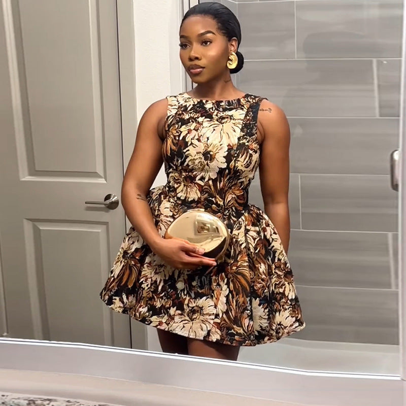 European and american cross-border women's fashion  summer new arrival: elegant round neck printed high-waisted a-line sleeveless mini dress